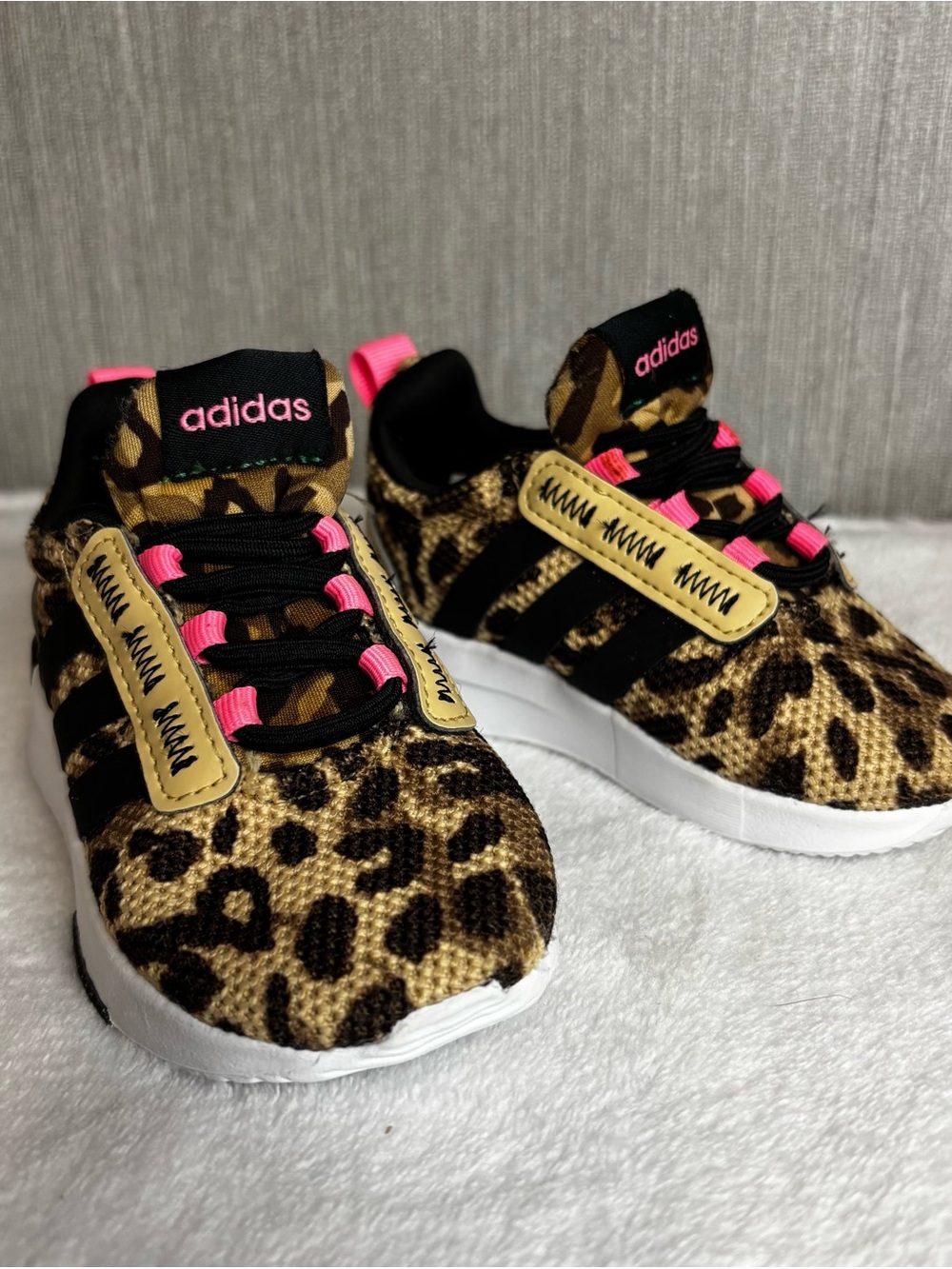 adidas Kids Leopard Print Sneakers with Neon Pink Details